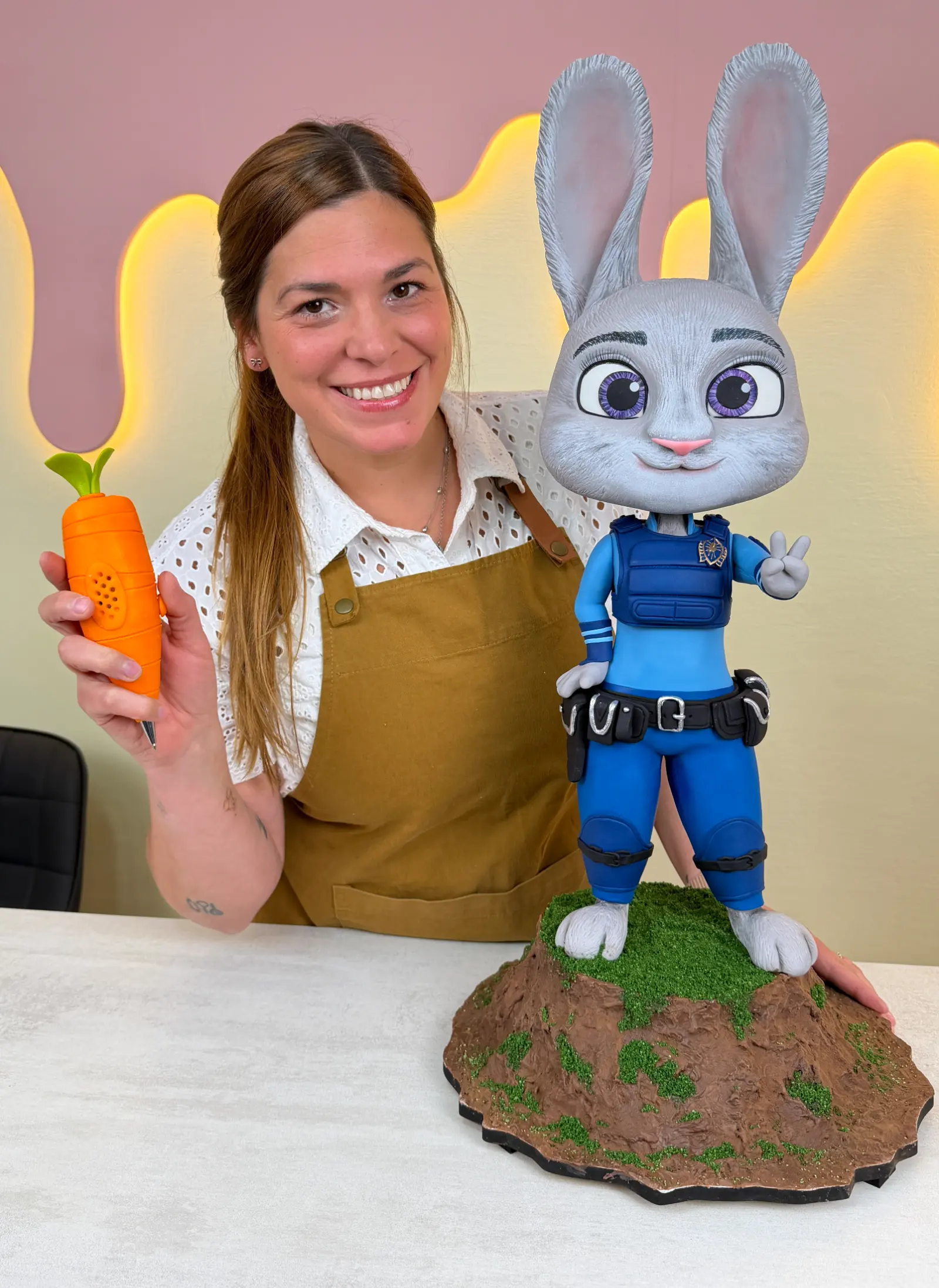 Pamela sonriendo junto a la torta de Judy terminada, con la zanahoria en la mano